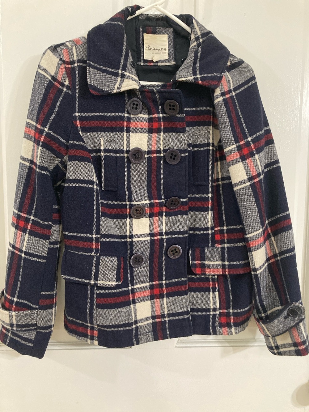 Heritage 1981 Navy Red Cream Plaid Double-Breasted Peacoat